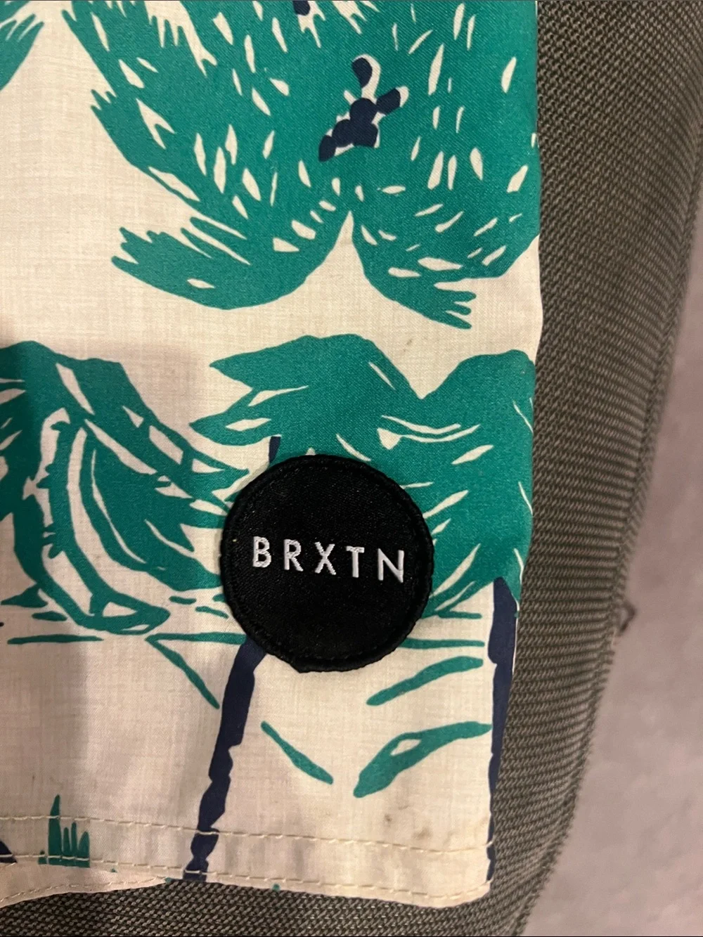 Brixton Cream Swim Shorts with Teal Palm Print and Navy Trim